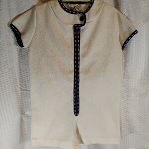 vintage Little World Inc one piece size 2T zip up short outfit w navy trim 1960s